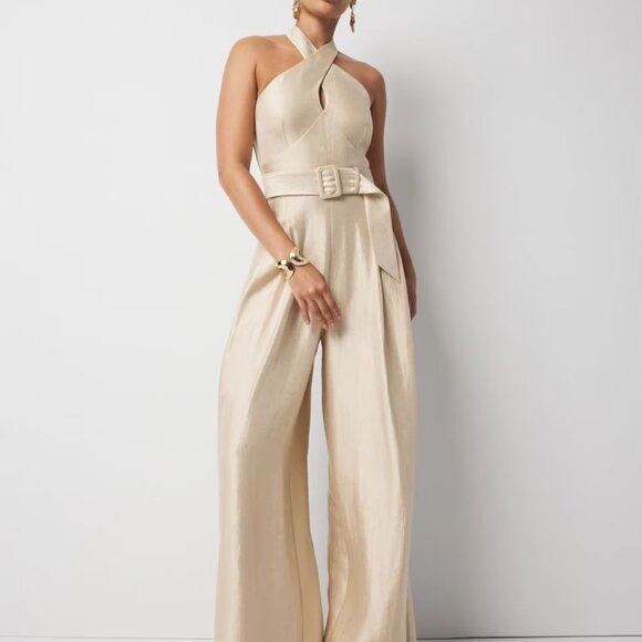 White House Black Market Pants - White House Black Market Champagne Halter-Belted Wide-Leg Jumpsuit